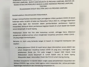 Kesepakatan Bersama, Shalat Idul Fitri di Lampung Dilaksanakan di Rumah