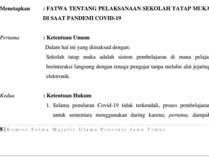 Fatwa MUI Jatim Tentang Sekolah Tatap Muka di Masa Pandemi